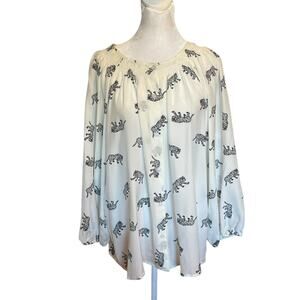 Tucker NYC White Black Long Sleeve Silk Leopard Print Blouse Flowy Boho Size XL